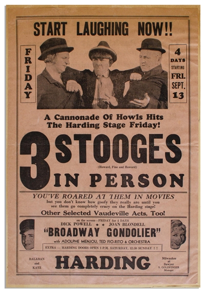 1935 Poster Measuring 11 x 15.75, for a Three Stooges Show, Partially Glued to 18 x 24 Scrapbook Sheet of Moe's News Clippings From 1935 -- Chipping & Toning, Overall Good; Poster Is Very Good